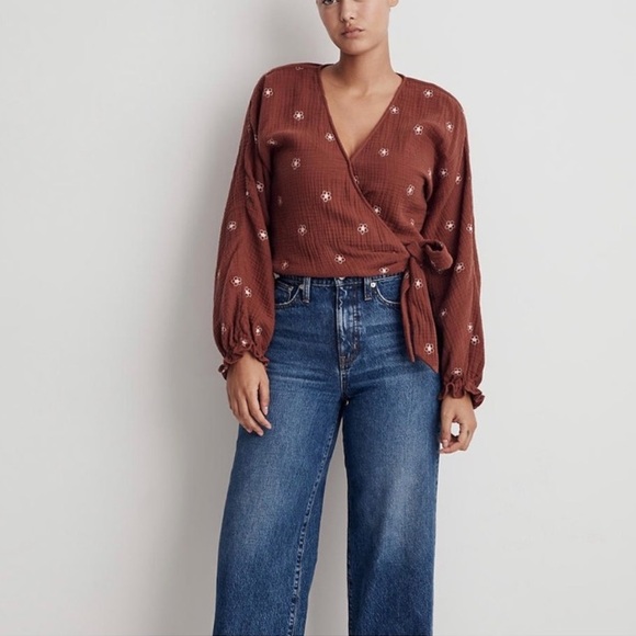 Madewell Tops - (A8) Madewell Lightspun Maira Wrap Top Embroidered Floral Long Sleeve, XXS, NWT